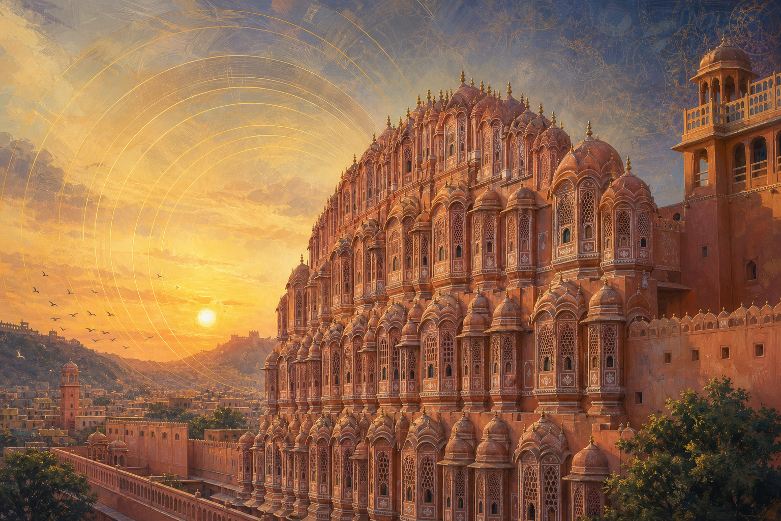 Painterly artwork of Jaipur's Hawa Mahal
