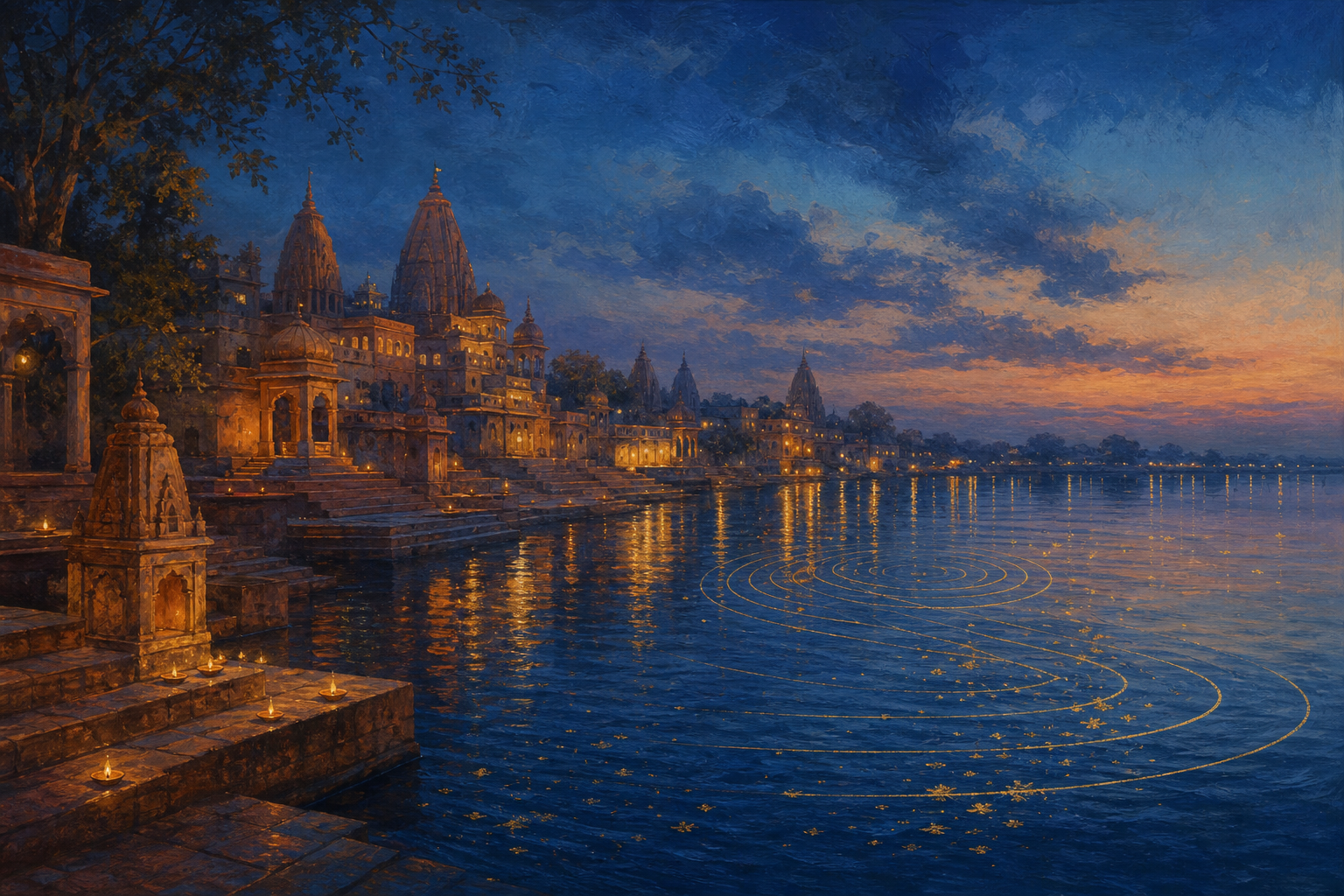 Painterly artwork of Mathura's Vishram Ghat