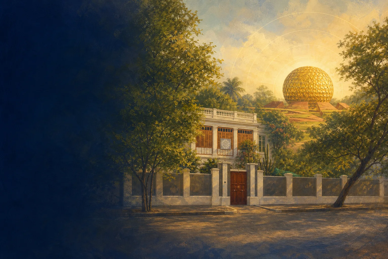 Painterly Puducherry artwork depicting Sri Aurobindo Society and Matrimandir
