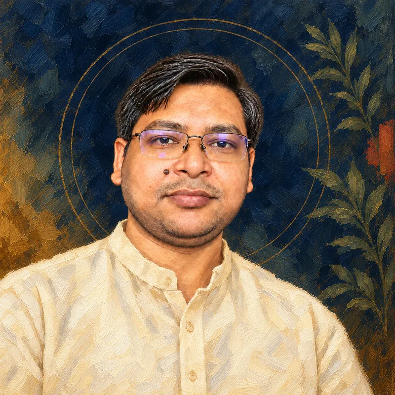 Editorial painted portrait of Sri Anil Kumar Arya wearing an ivory kurta